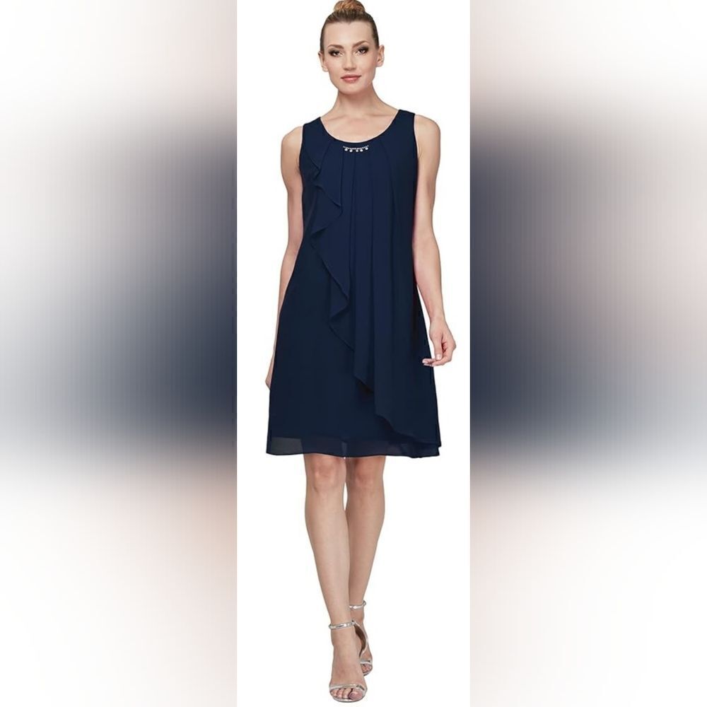 SLNY Womens Sleeveless Embellished Cocktail And Party Dress NWT sz 12 Navy Blue